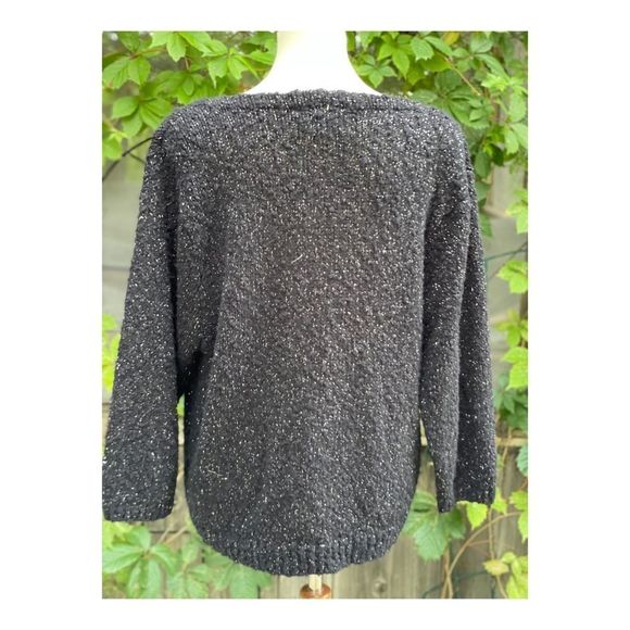 Vintage 80s Acrylic Boucle Knit Sweater Cowl Neck Black Silver Metallic sz 42 - Picture 3 of 9